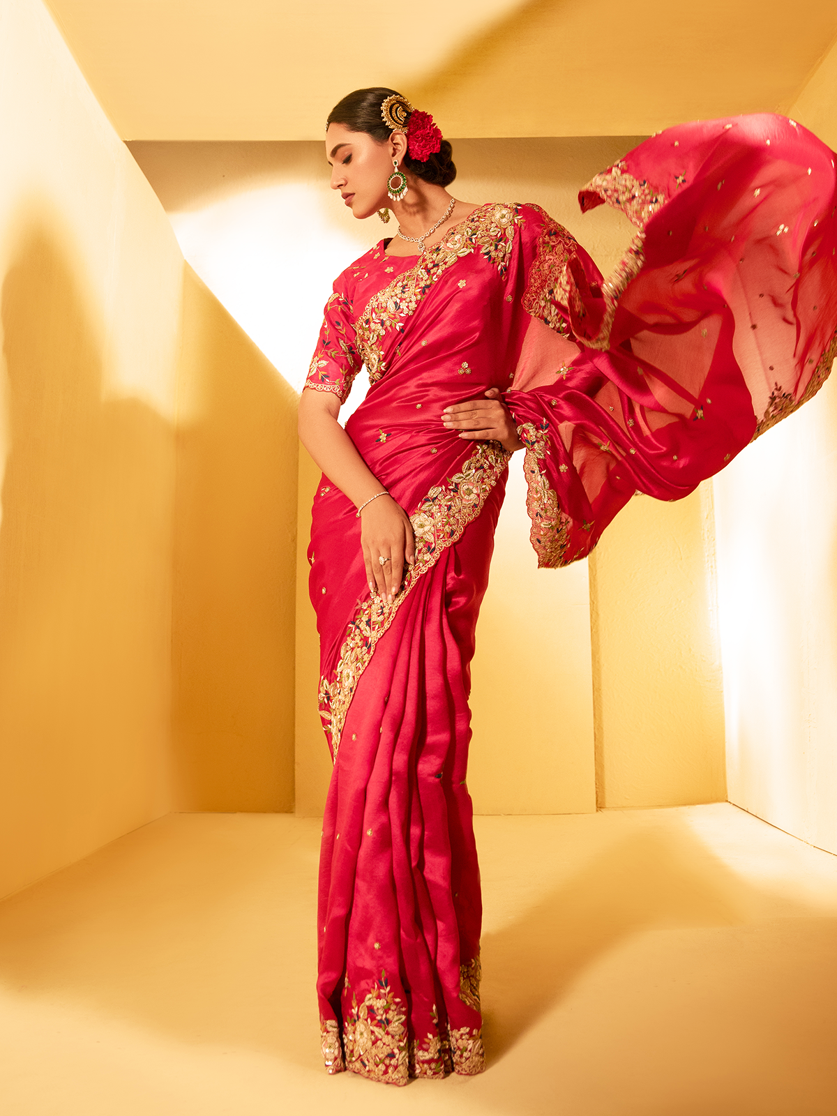 Elinor-Radiant Ruby-Red Silk Saree