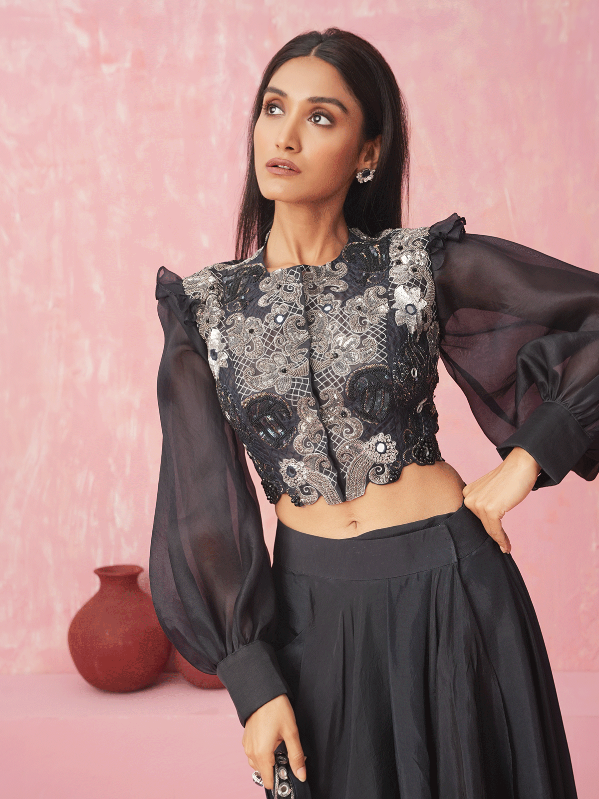 Black Cutdana Sequinned Top & Flared Skirt Set with Mirror Work