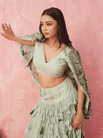 Green silk co-ord set with embroidered jacket