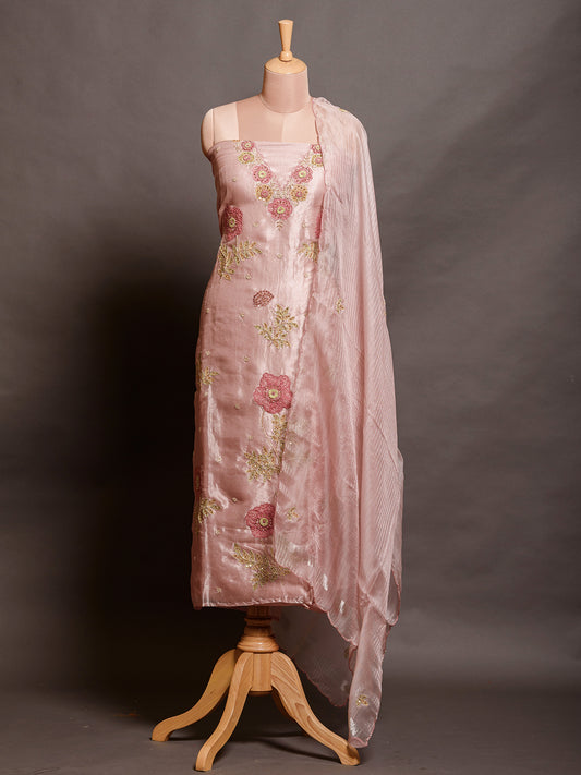 Elegant Pink Tissue Kurta Set with Applique Work - Unstitched