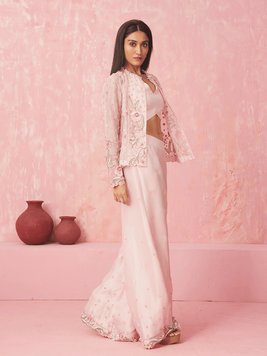 Blush Pink Organza Cutdana Jacket Set with Chir & Sequins Details