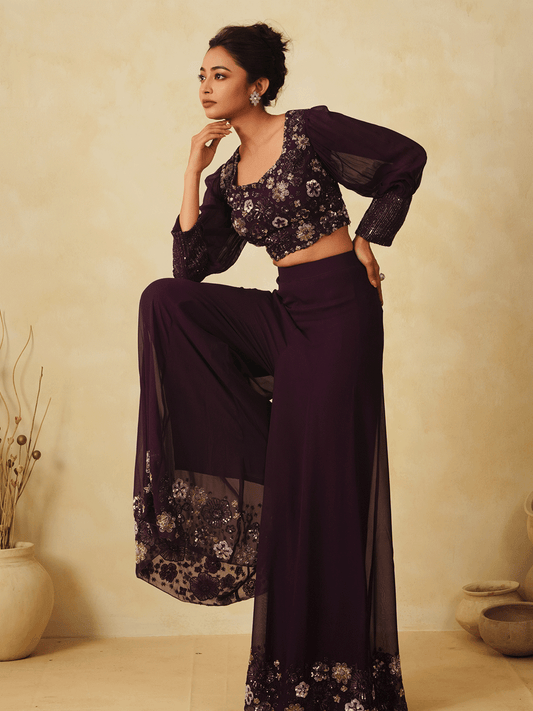 Wine Purple Georgette Sequinned Co-ord Set with Cut Dana Details