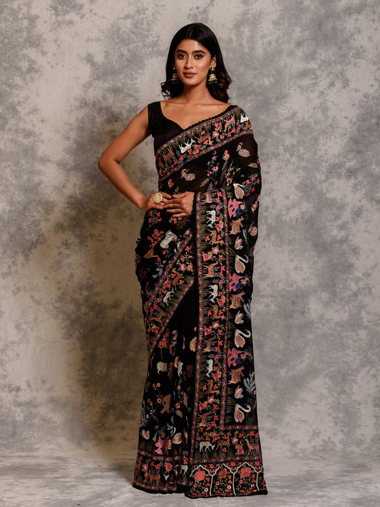 Black Georgette Resham Embroidered Saree