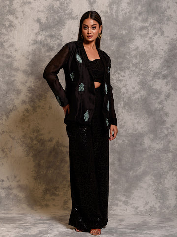 Dapper Black Organza Resham Embroidered Jacket Set