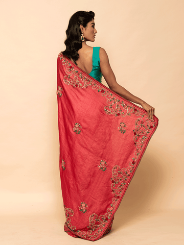 Navya Pinkish Red Tussar Saree