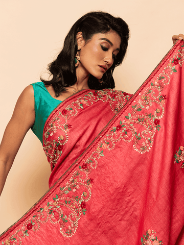 Navya Pinkish Red Tussar Saree