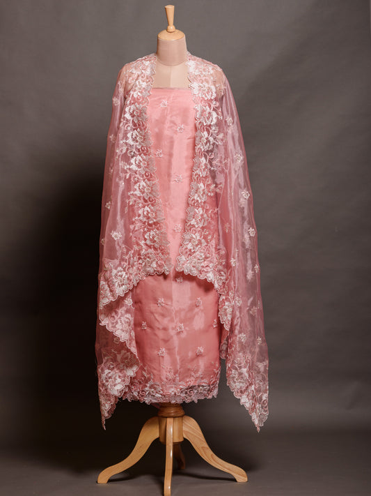 Pink Organza Kurta Set with Parsi Embroidery - Unstitched