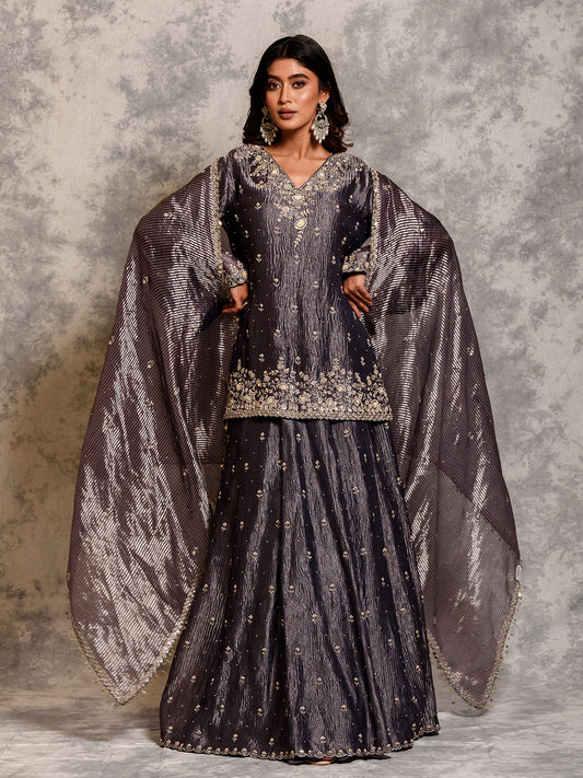 Midnight Purple Tissue Cutdana Kurta Set with Sequins Details