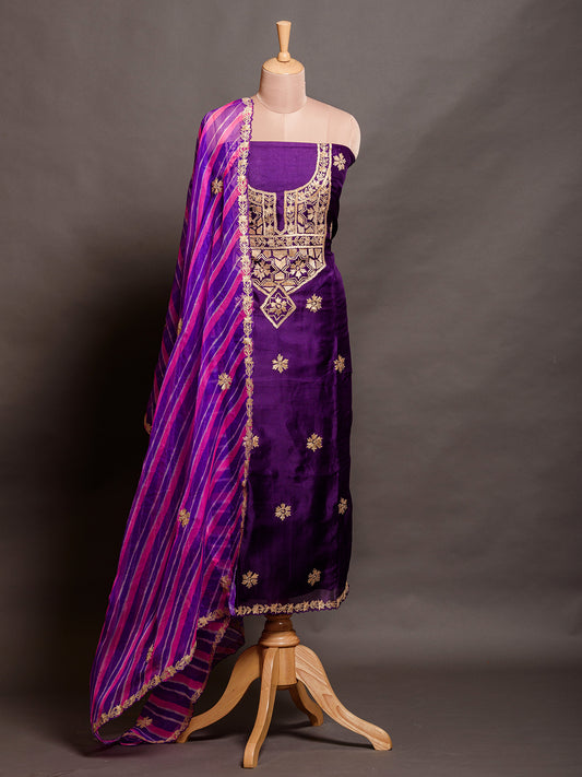 Violet Purple Organza Kurta Set with Gota Work - Unstitched