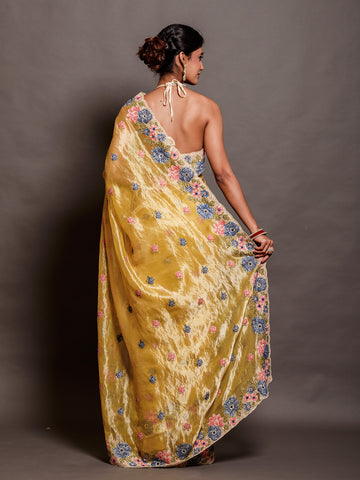 Canary Yellow Silver Tissue saree