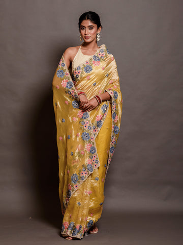 Canary Yellow Silver Tissue saree