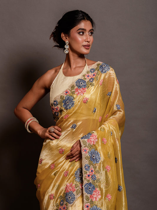 Canary Yellow Silver Tissue saree