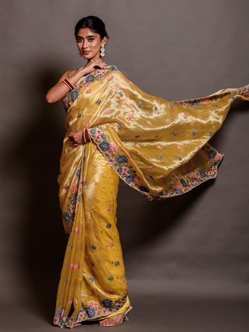 Canary Yellow Silver Tissue saree