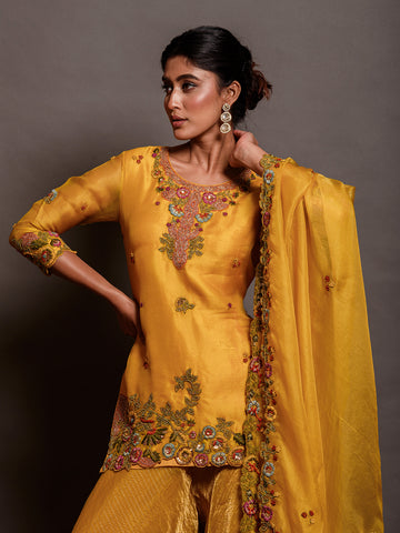 Sunshine Yellow Cutdana Organza Kurta Set with Resham Work