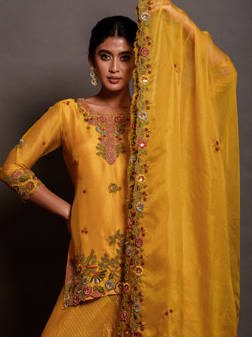 Sunshine Yellow Cutdana Organza Kurta Set with Resham Work