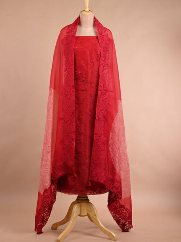 Red Organza Set With Parsi Work