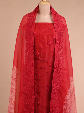 Red Organza Set With Parsi Work