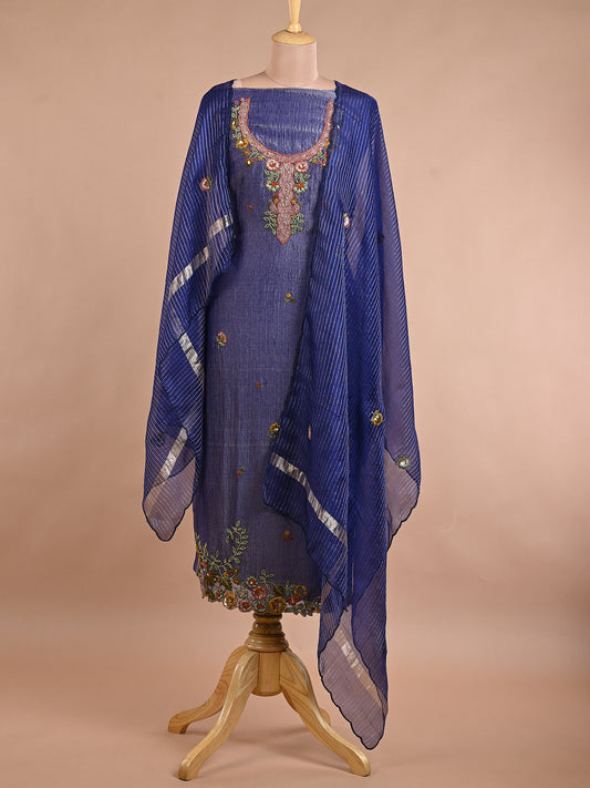 Sapphire Blue Sequinned & Cutdana Kurta Set with Chir Work - Unstitched