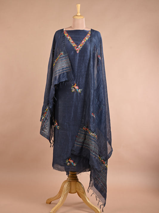 Deep Blue Linen Kurta Set with Resham Embroidery - Unstitched