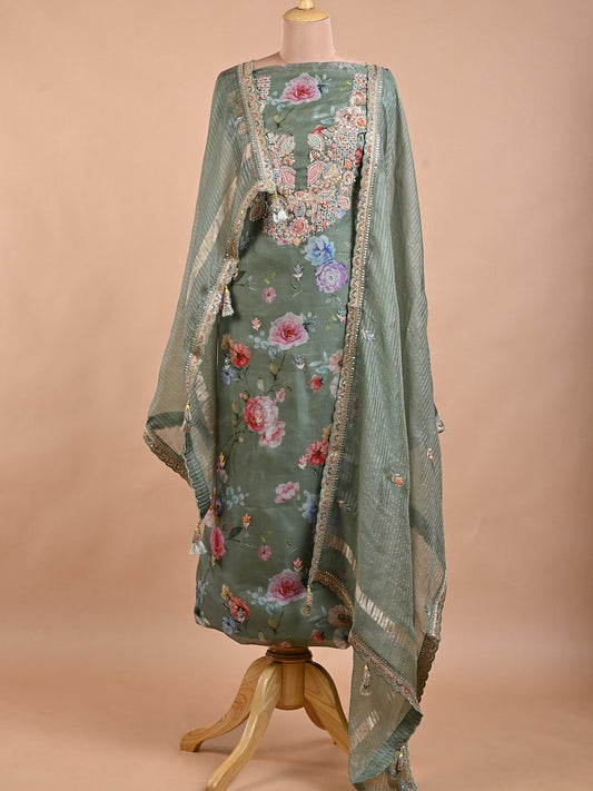 Green Printed Organza Suit Set With Zardosi Work