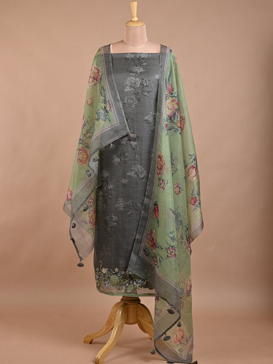 Grey & Green Printed Kurta Set with Embroidered Work - Unstitched