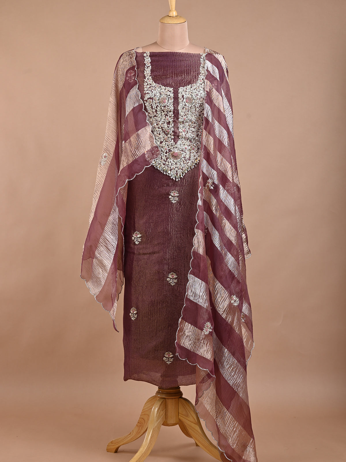 Elegant & Stylish Zardoshi Embroidered Wine Purple Kurta Set - Unstitched