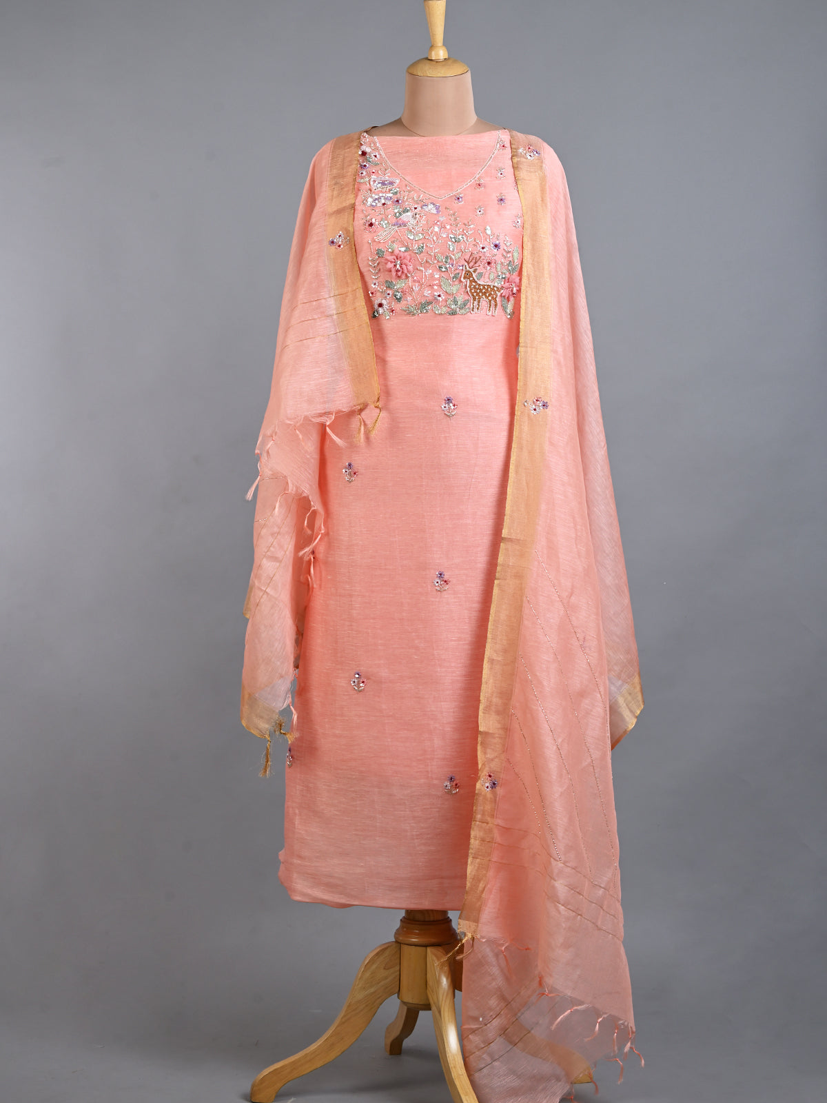 Peach Embroidered Linen Set