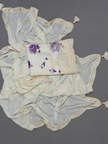 White With Purple Floral Print On Chinnon