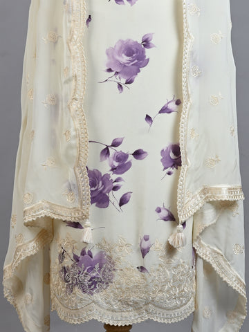 White With Purple Floral Print On Chinnon