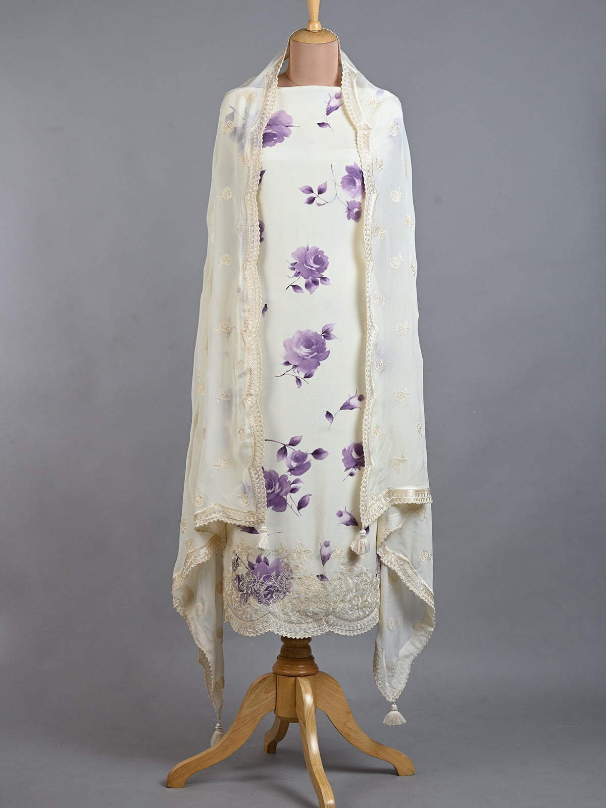 White & Purple Printed Embroidered Kurta Set - Unstitched