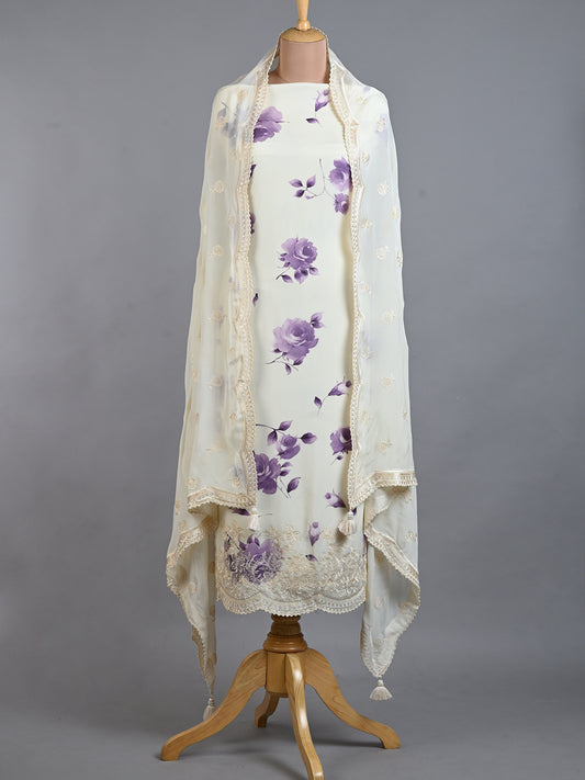 White With Purple Floral Print On Chinnon