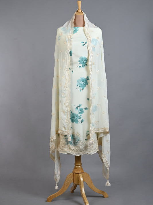 White With Blue Floral Print On Chinnon