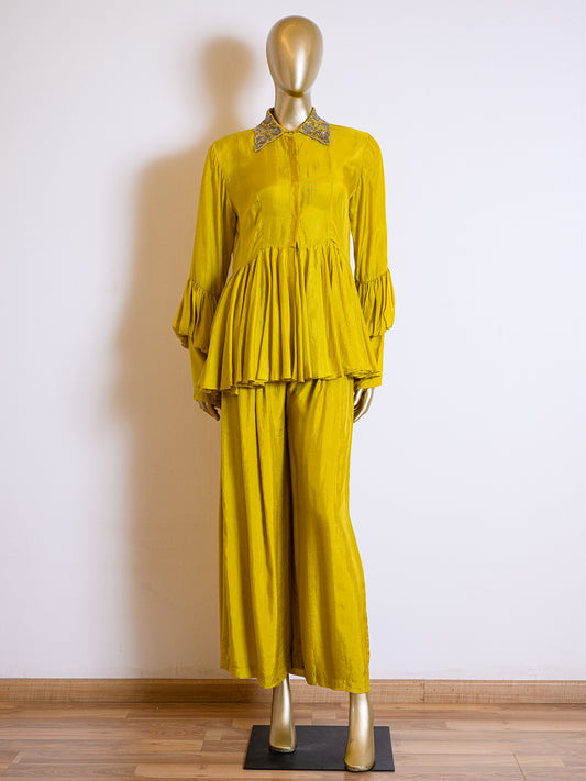 Yellow Silk Peplum Co-ord Set With Chir Work