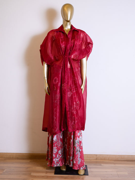 Printed Organza Red Jacket Set Detailed with Mirror Work