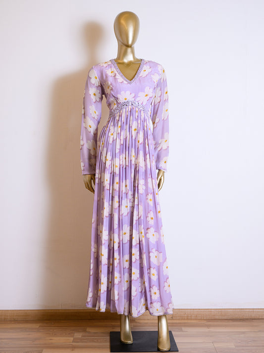 Floral Printed Crepe Lavender Gown with Mirror Work