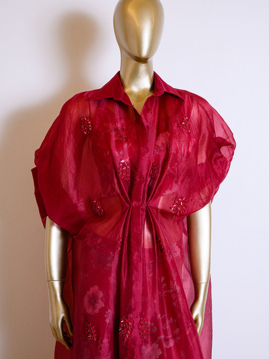 Printed Organza Red Jacket Set Detailed with Mirror Work