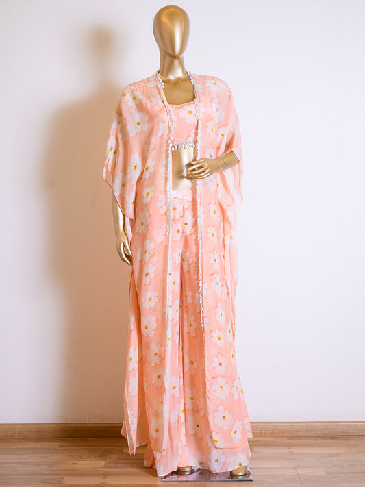 Stylish Peach Crepe Printed Cape Set with Pearls & Shell Work