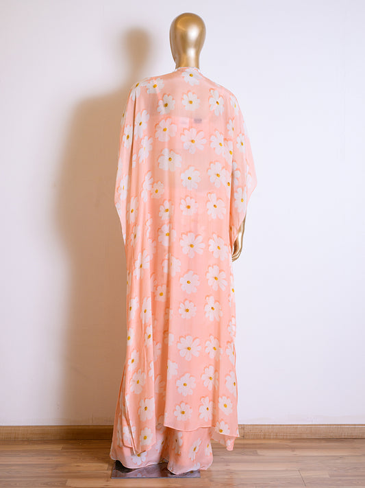 Stylish Peach Crepe Printed Cape Set with Pearls & Shell Work