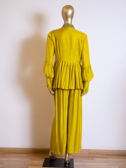 Yellow Silk Peplum Co-ord Set With Chir Work