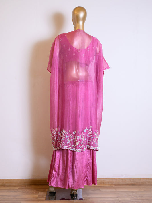 Designer Pink Sequinned Organza Cape Set with Cut Dana Details