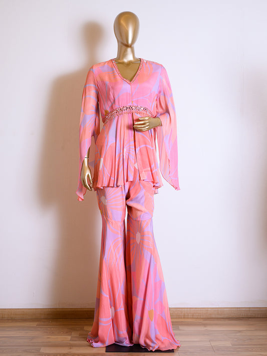 Pink Peplum Chinon Co-ord Set With Mirror Work