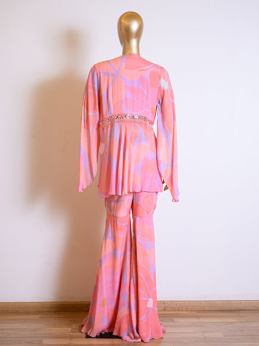 Pink Peplum Chinon Co-ord Set With Mirror Work