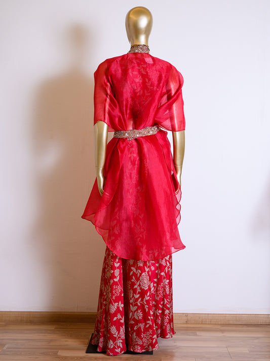 Charming Red Organza Cape Set Embroidered with Pearls & Chir Work