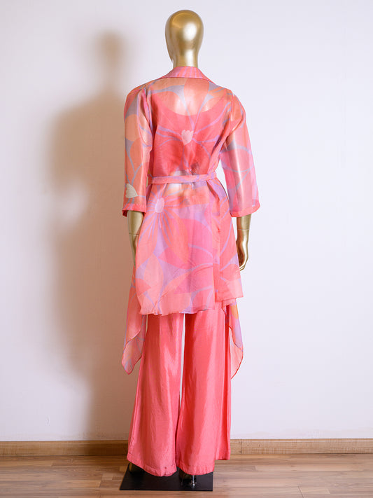 Floral Printed Pink Organza Jacket Set