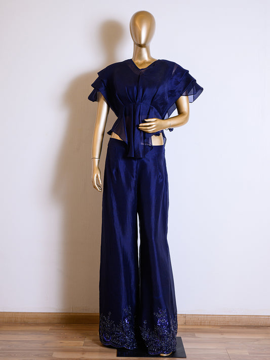 Deep Blue Organza Co-ord Set with Pleated Cut Dana Details