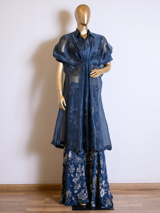 Printed Organza Deep Blue Jacket Set Detailed with Mirror Work