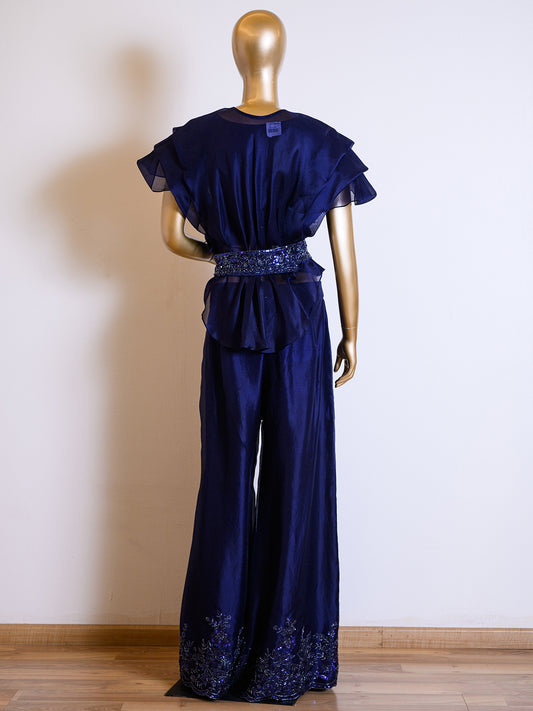 Deep Blue Organza Co-ord Set with Pleated Cut Dana Details