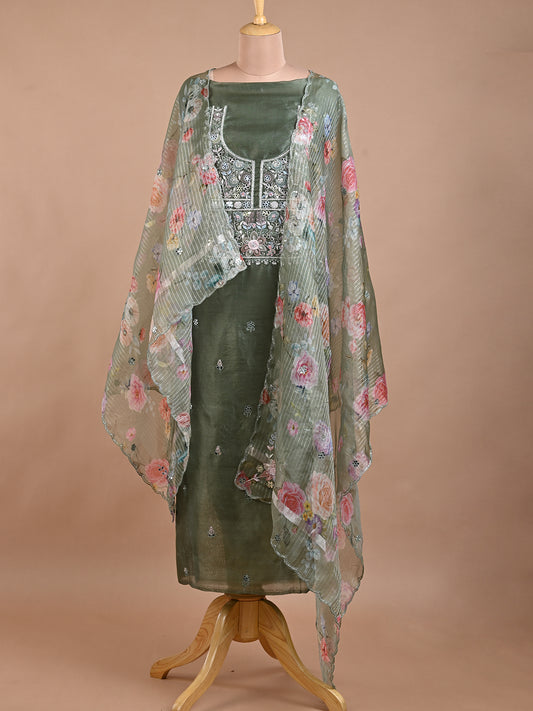 Deep Green Organza Kurta Set with Shadow Work - Unstitched