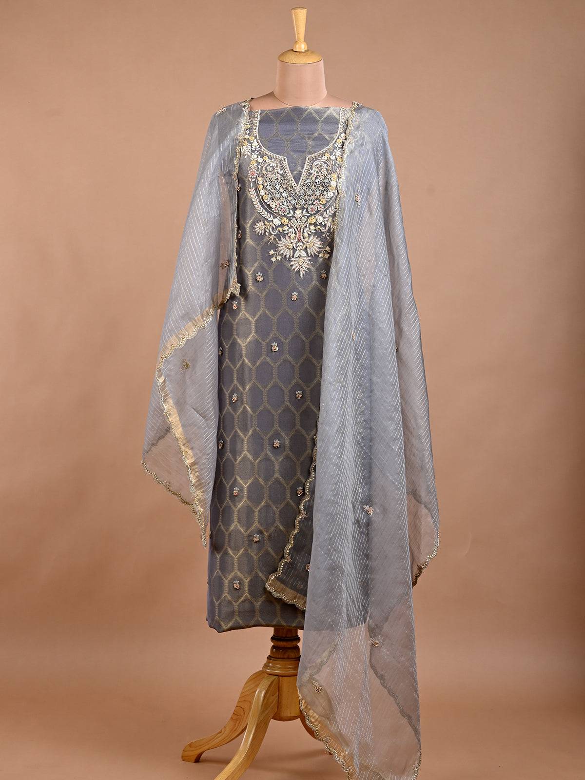 Grey Organza Kurta Set with Zardoshi Work - Unstitched