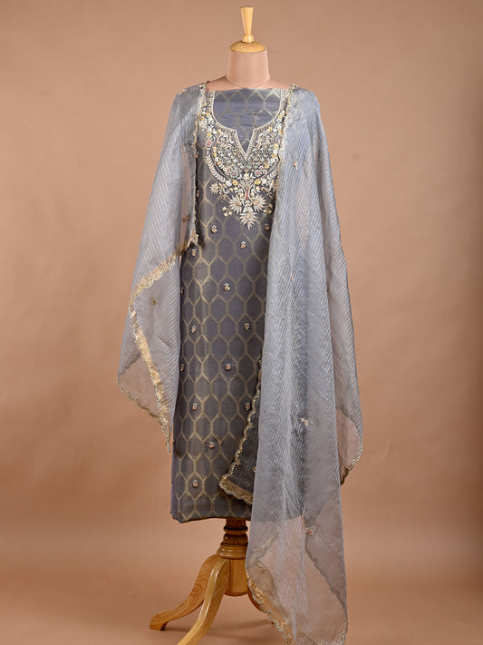 Grey Organza Kurta Set with Zardoshi Work - Unstitched